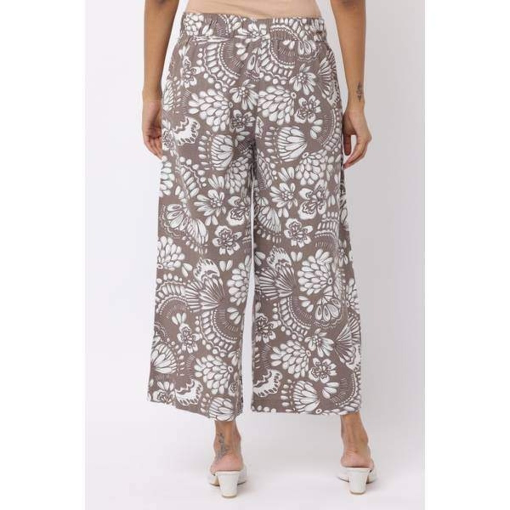 Dash Womens Large Brown White Floral Linen Blend Wide‎ Leg Crop Pants